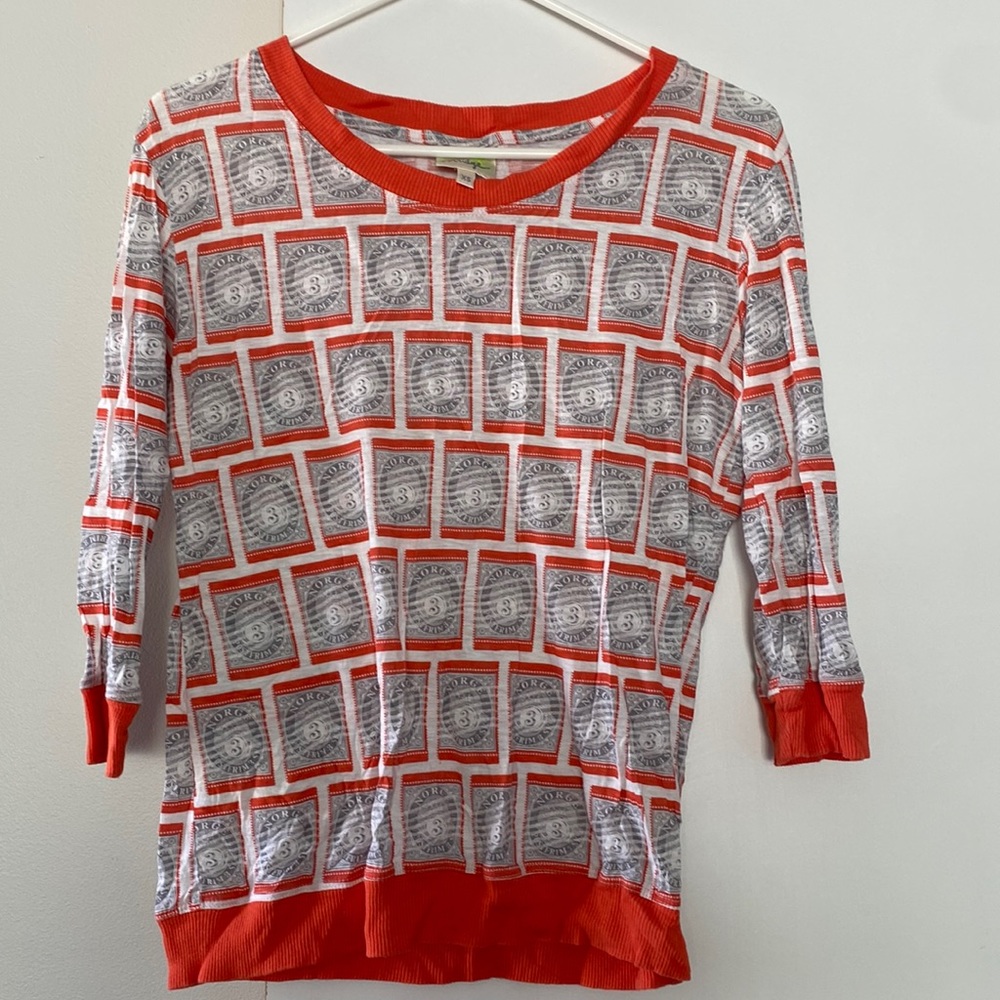 Featherweight Anthropologie (Porridge) sweater with postage stamp pattern
